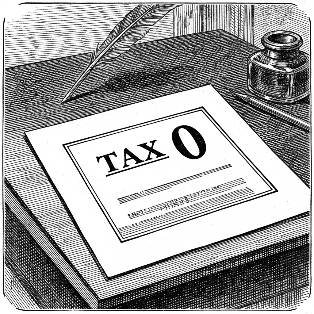 [속보] 법원 '세금 취소' 판결에 지출 항목 '0원' 표기... 전격 확인 을 묘사한 19세기 목판화 양식의 흑백 삽화