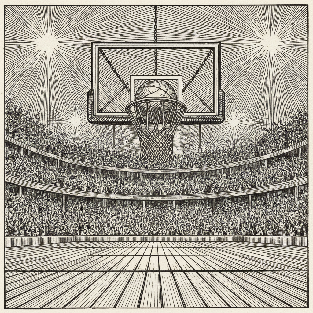 [속보] 경기 승리 팀, 다음 단계 진출까지 필요한 잔여 승수 '1회 감소' 을 묘사한 19세기 목판화 양식의 흑백 삽화