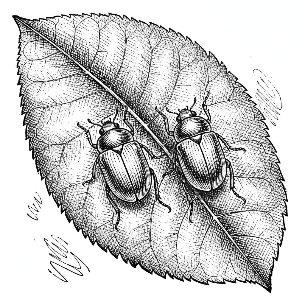 [속보] 곤충 2마리 동시 발견… 현지 개체 수 "최소 2마리 이상"으로 확인 을 묘사한 19세기 목판화 양식의 흑백 삽화