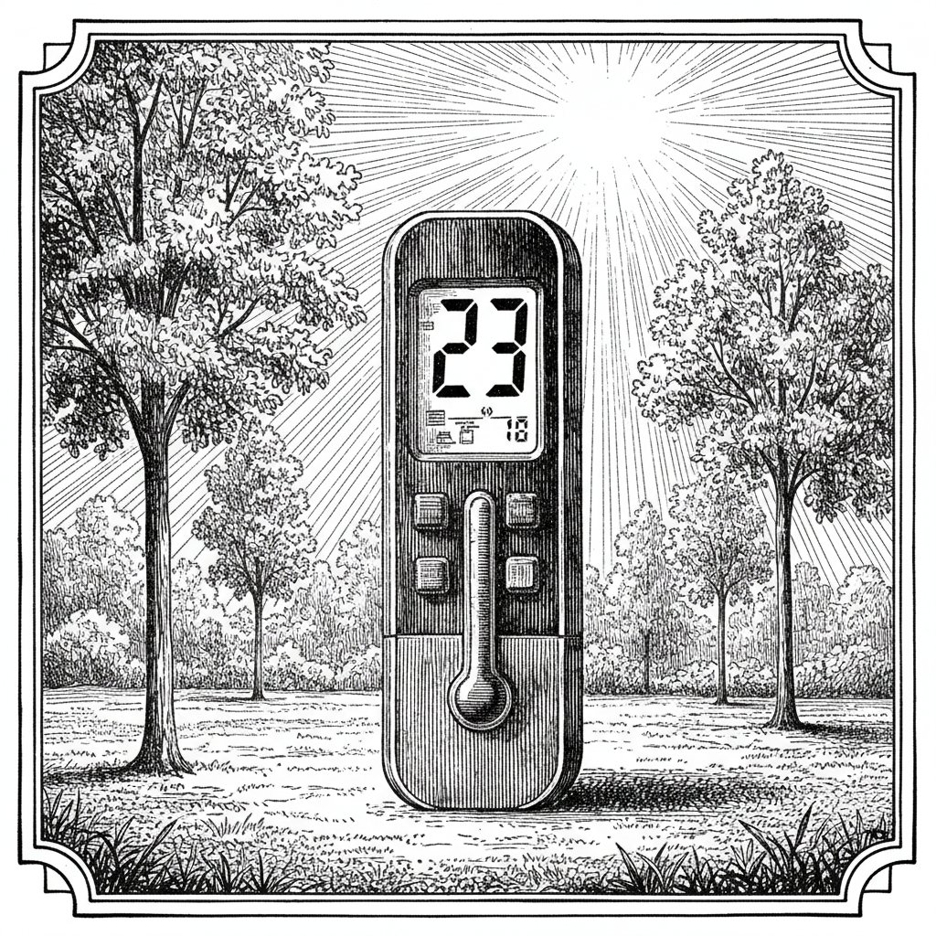 [속보] 기온 23도, 22도보다 '더 뜨거운 것'으로 밝혀져 을 묘사한 19세기 목판화 양식의 흑백 삽화