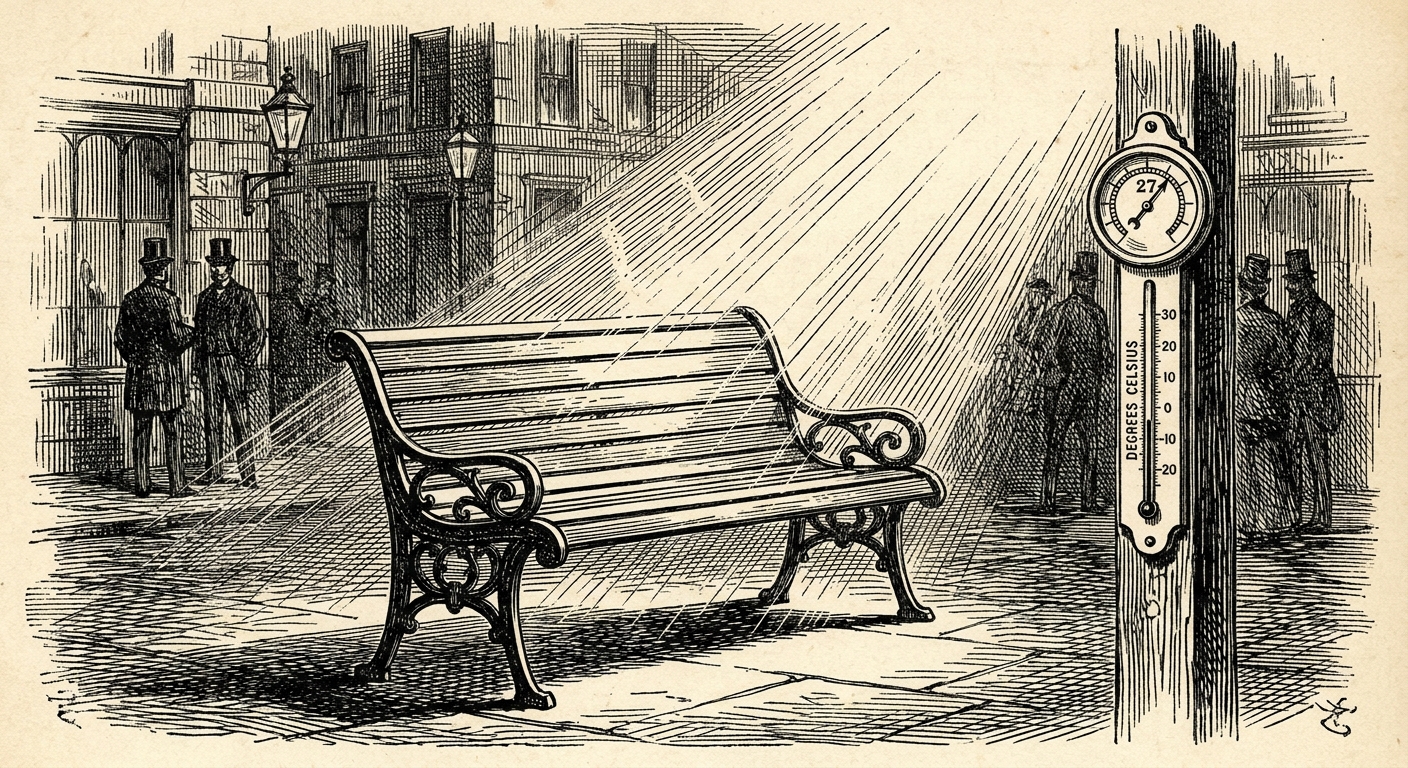 [속보] 낮 기온 27도 도달… 야외 사물 표면 온도 '일제히 상승' 을 묘사한 19세기 목판화 양식의 흑백 삽화