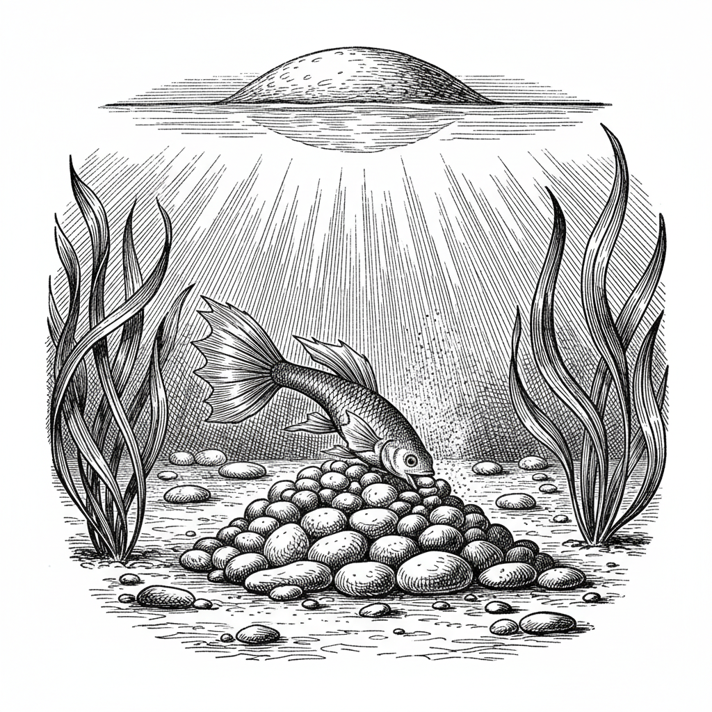 [속보] 하천 바닥에 돌 쌓자 수심 낮아져… 물리 법칙 확인 을 묘사한 19세기 목판화 양식의 흑백 삽화