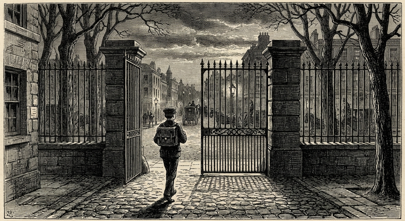 [속보] 교문 나선 학생, 교내에서 돌연 '자취 감춰' 을 묘사한 19세기 목판화 양식의 흑백 삽화