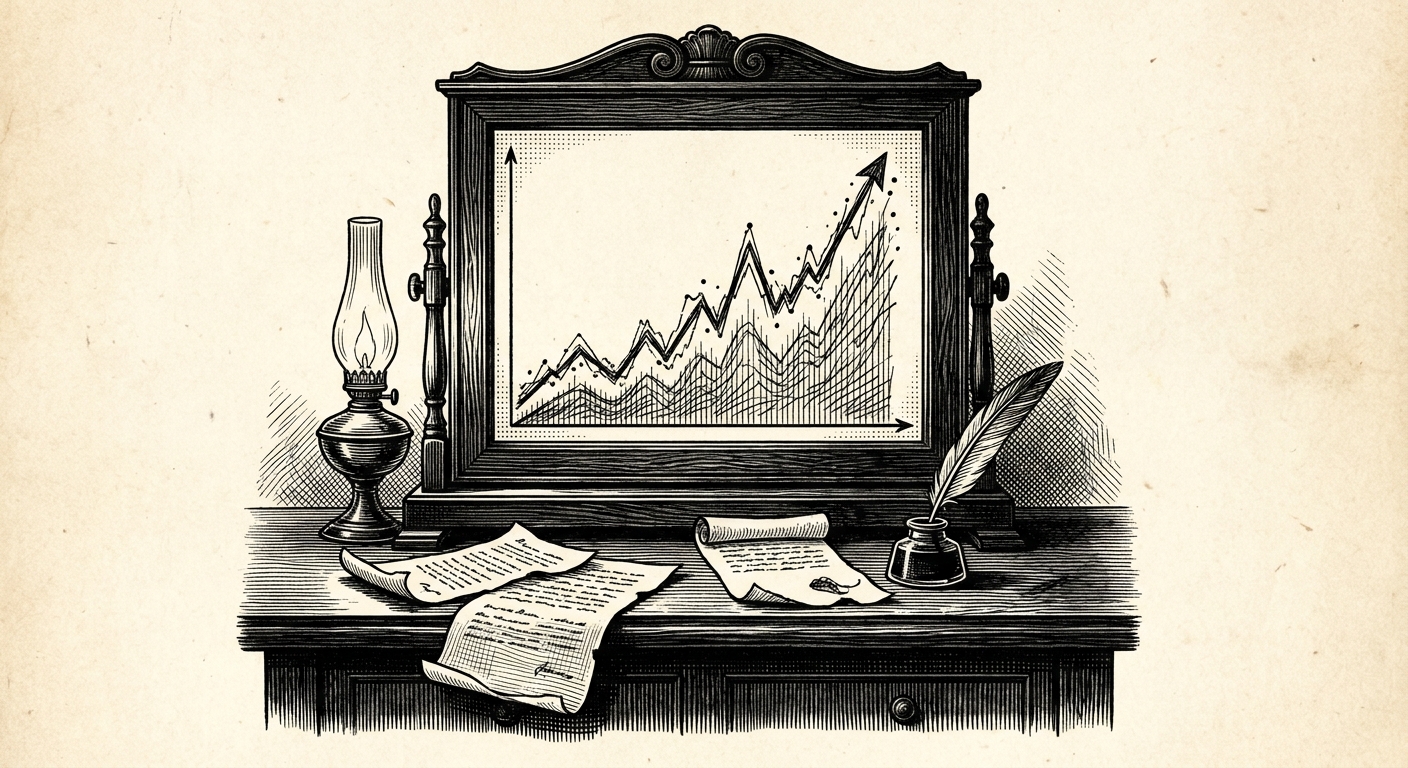 [속보] 증권 지수 최고치 경신하자 그래프 끝점 ‘화면 상단’으로 이동 을 묘사한 19세기 목판화 양식의 흑백 삽화