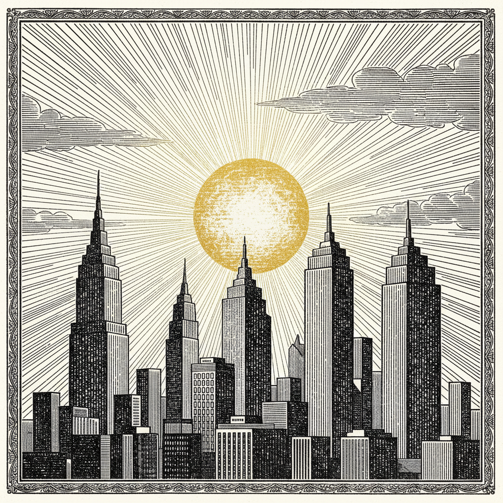 [속보] 오늘 아침 동쪽 하늘서 '태양' 출현... 전국적으로 밝아져 을 묘사한 19세기 목판화 양식의 흑백 삽화