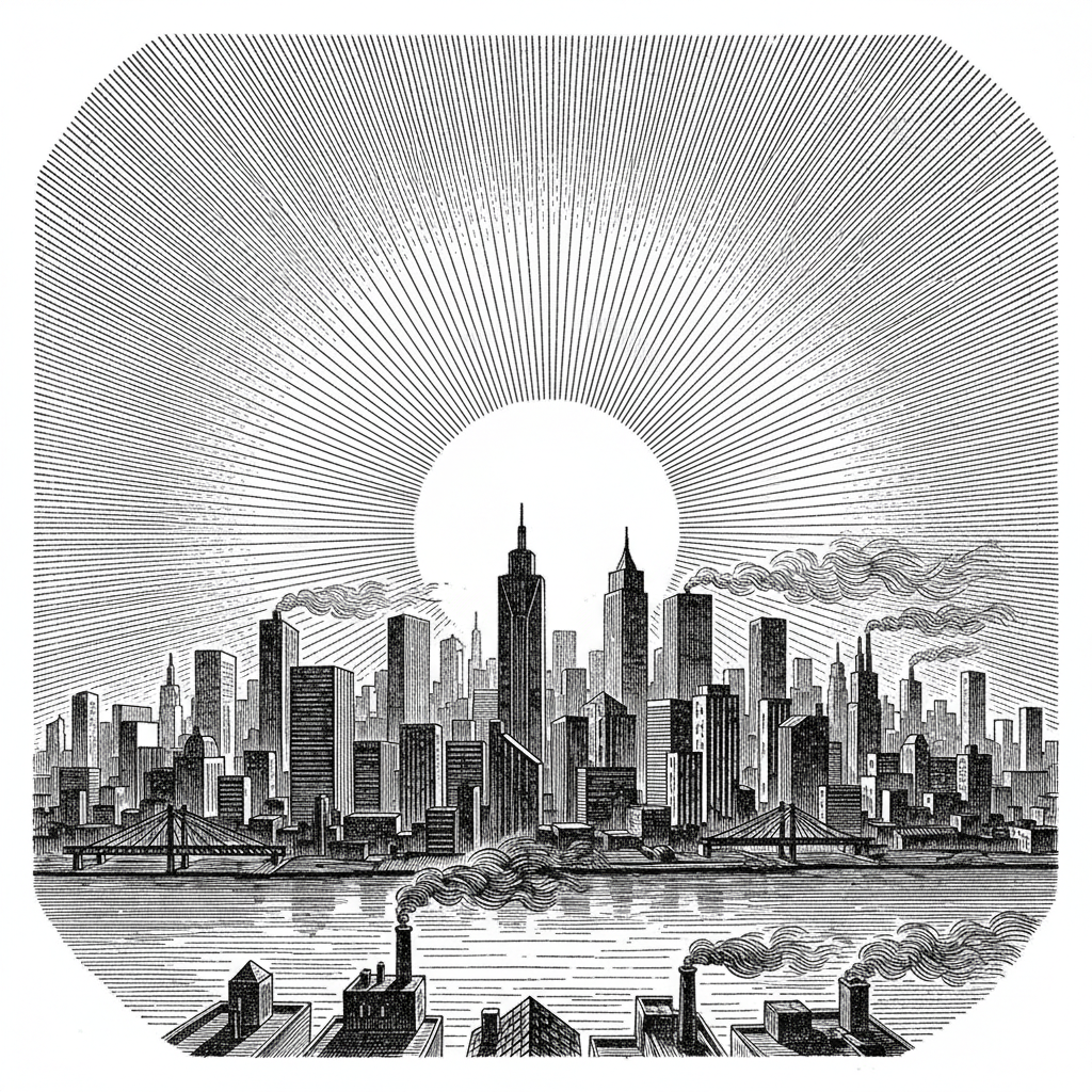 [속보] 오늘 오전 한반도 전역서 '태양' 관측... 일출 현상 뚜렷 을 묘사한 19세기 목판화 양식의 흑백 삽화