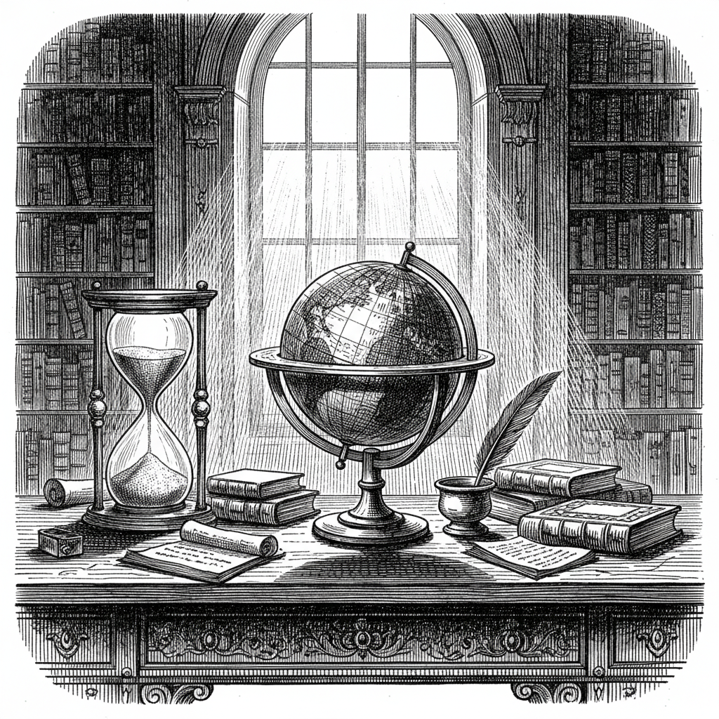 [속보] 지구, 전날 대비 정확히 ‘24시간’ 더 노화… 인류 충격 을 묘사한 19세기 목판화 양식의 흑백 삽화