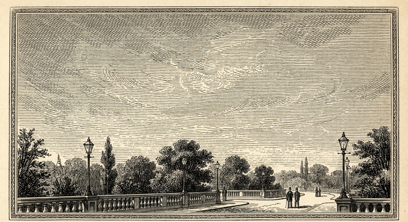 [속보] 한반도 상공 '청색' 유지… 기상청 "대기 중 산란 현상 지속" 을 묘사한 19세기 목판화 양식의 흑백 삽화