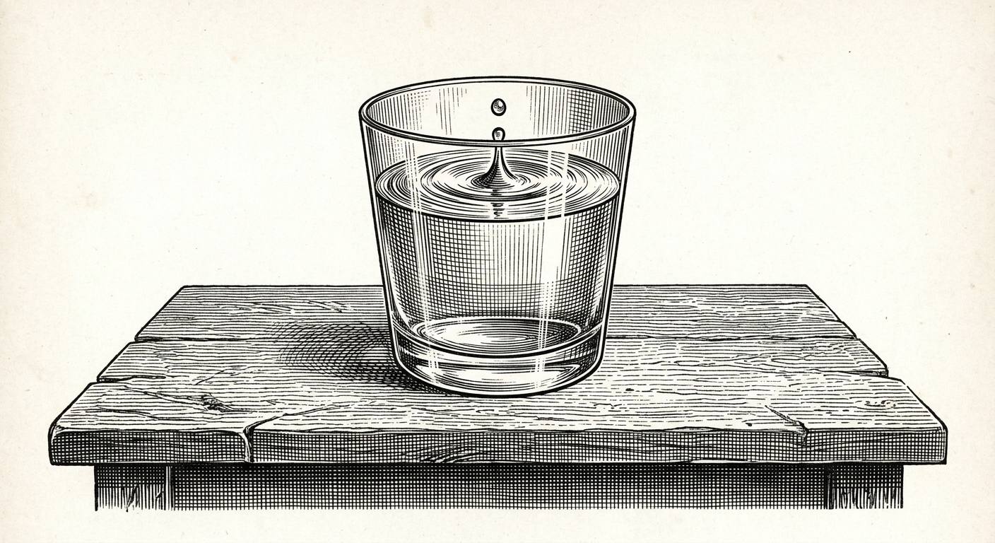 [속보] 본지 단독 취재 결과, 액체 상태의 물 ‘여전히 젖어 있는 것’으로 확인 을 묘사한 19세기 목판화 양식의 흑백 삽화