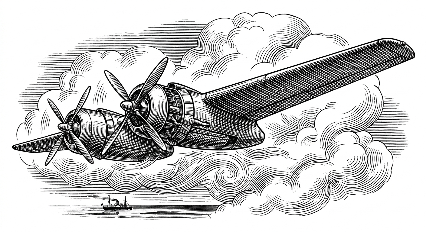 [단독] 비행 중인 항공기, 연료량 줄어드는 현상 포착 을 묘사한 19세기 목판화 양식의 흑백 삽화