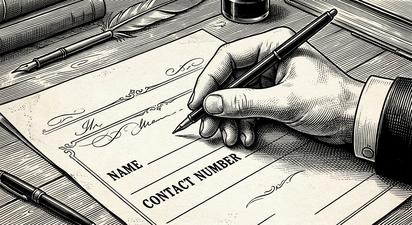 [단독] 교육기관 수강 신청자들, 본인 성명·연락처 기입해 제출 ‘확인’ 을 묘사한 19세기 목판화 양식의 흑백 삽화