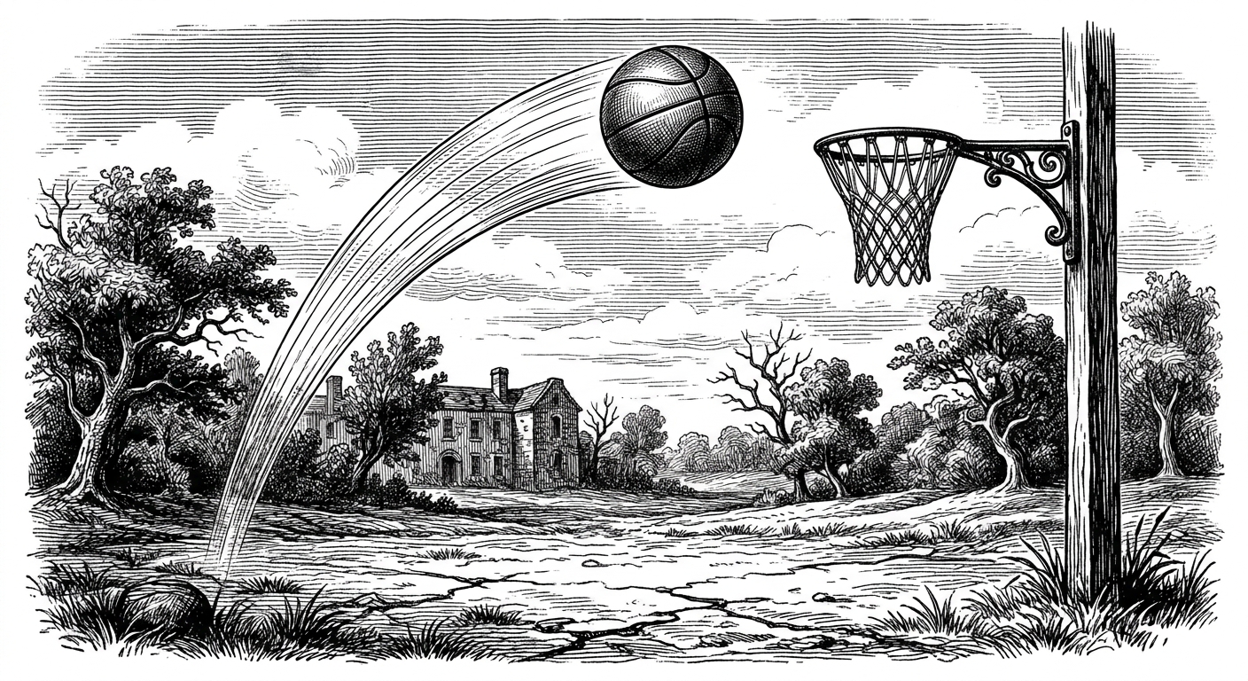 [속보] 농구공, 던지면 공중으로 날아가는 현상 포착… '포물선' 궤적 확인 을 묘사한 19세기 목판화 양식의 흑백 삽화