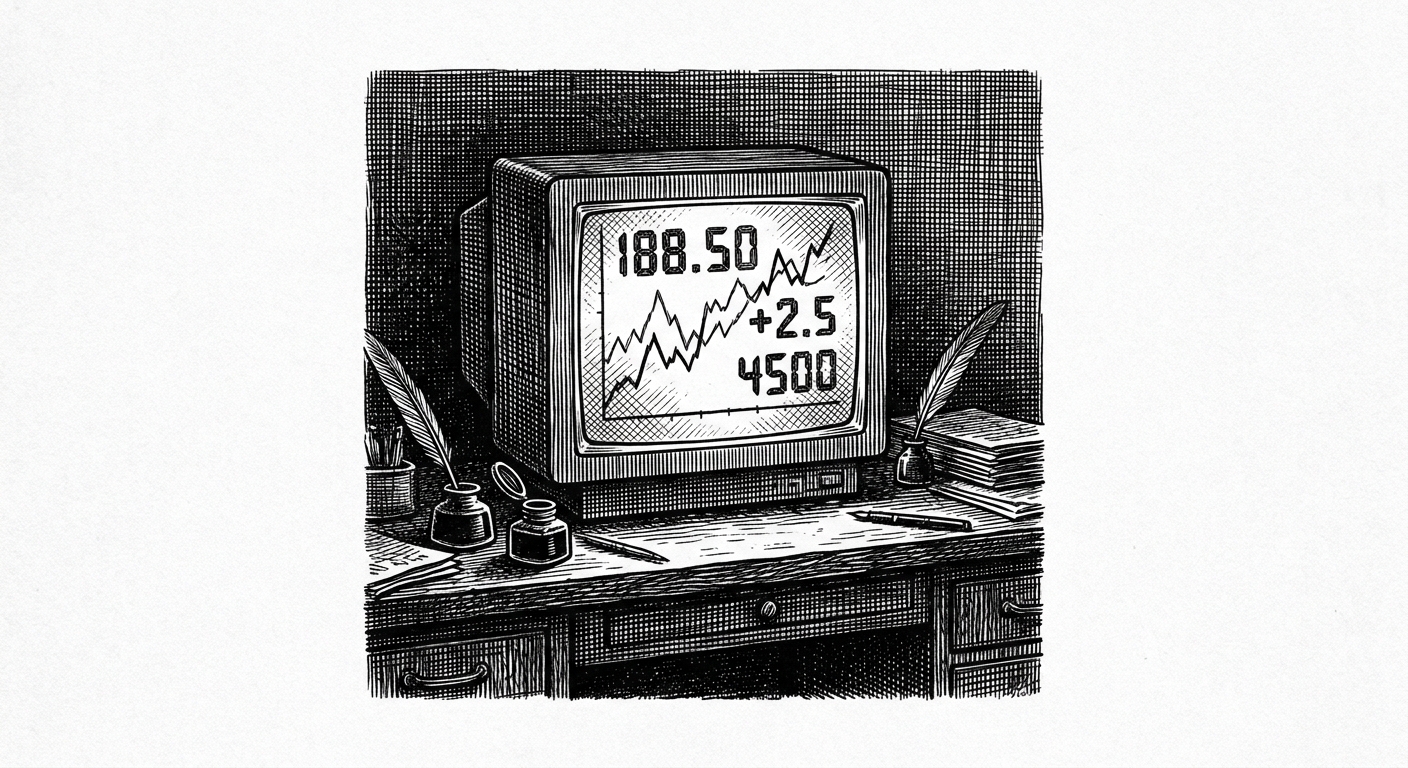 [속보] 증권 시장서 주식 거래되자 전산 수치 '즉각 변경' 확인 을 묘사한 19세기 목판화 양식의 흑백 삽화