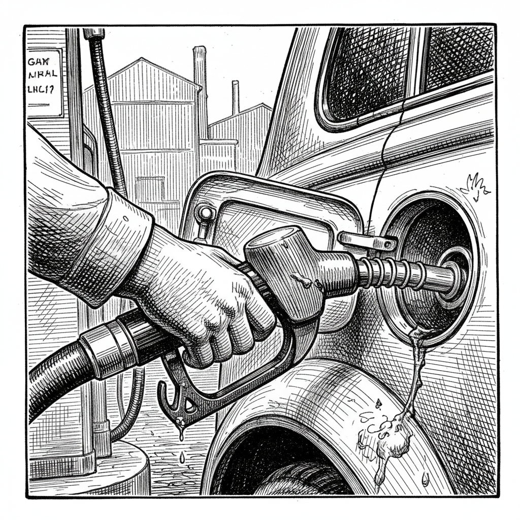 [속보] 주유기 연결 시 액체 연료, 차량 내부로 이동하는 현상 포착 을 묘사한 19세기 목판화 양식의 흑백 삽화