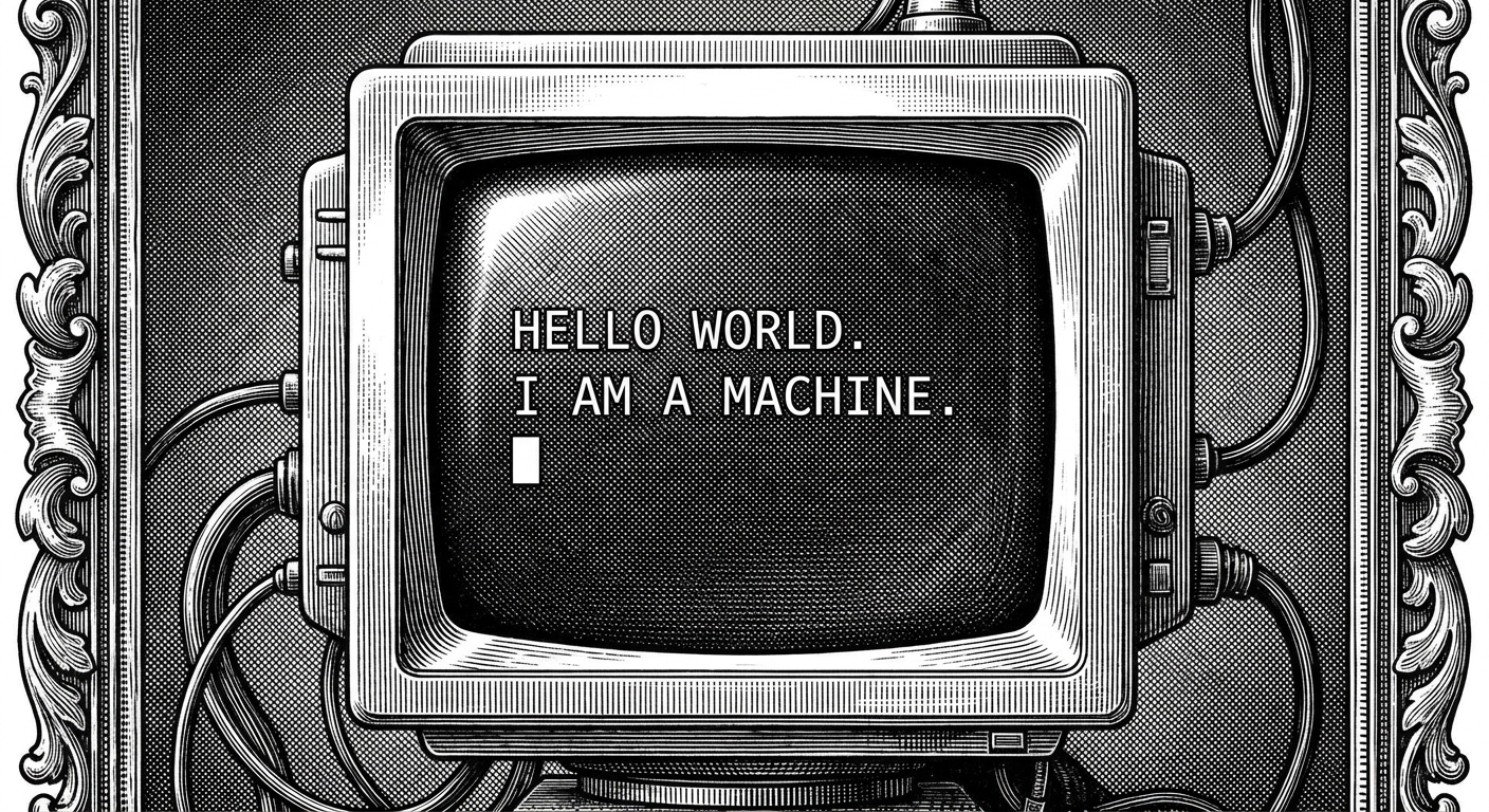 [속보] 인공지능에 질문 입력 시 '답변' 출력되는 것으로 밝혀져 을 묘사한 19세기 목판화 양식의 흑백 삽화