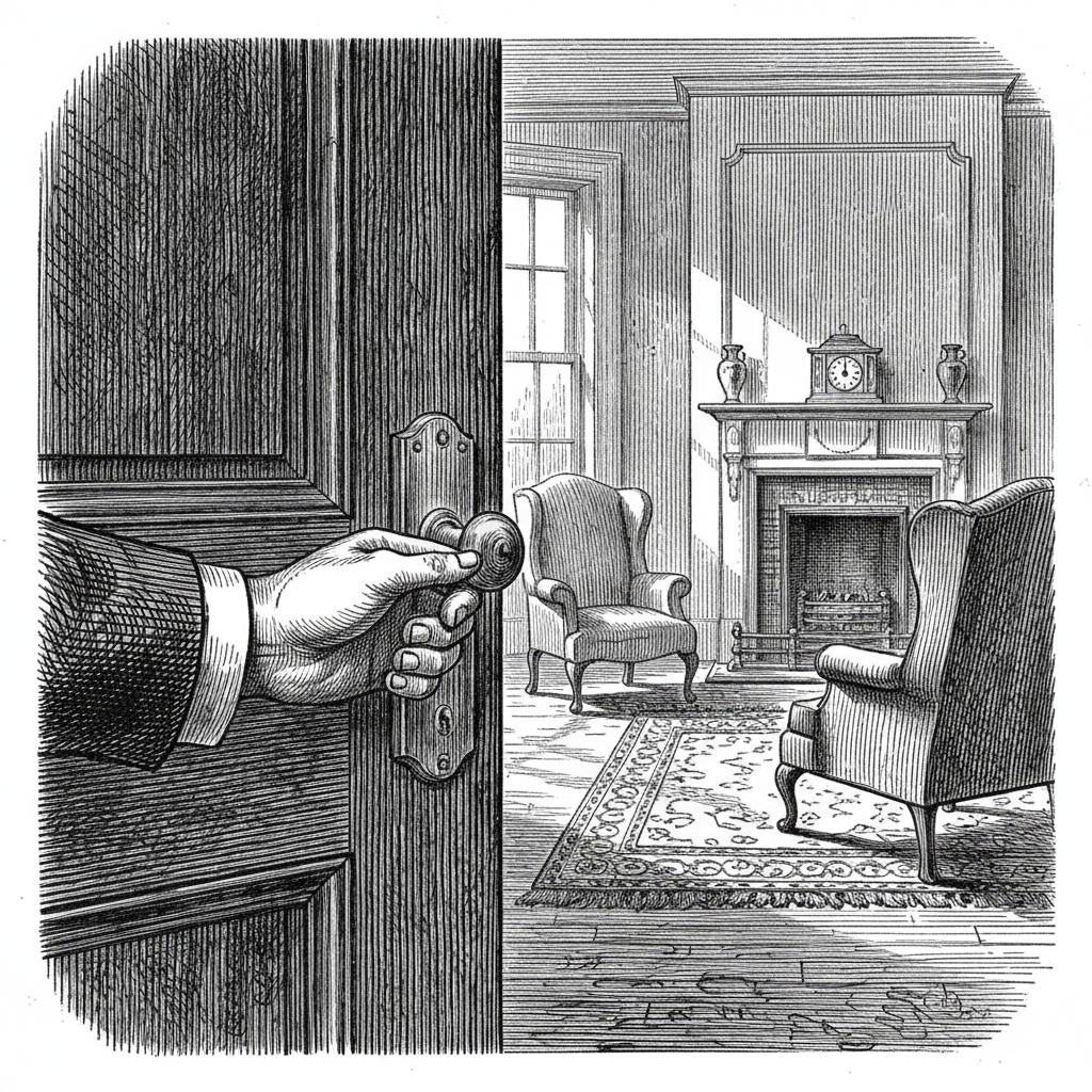 [속보] 자택 현관문 연 시민, 본인 소유 부동산 내부로 진입 을 묘사한 19세기 목판화 양식의 흑백 삽화