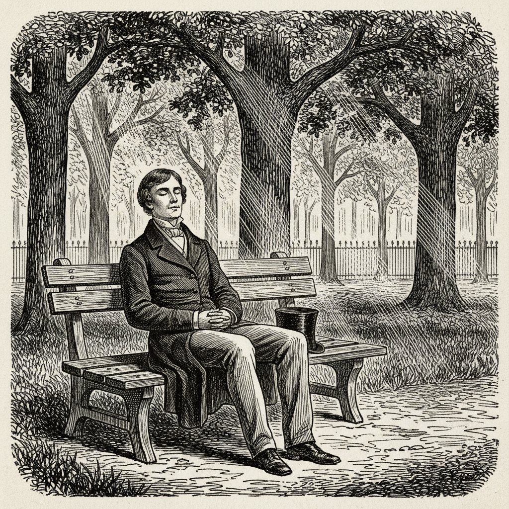 [속보] 야외서 눈 감고 정지한 시민, 결국 '수면' 상태 도달 확인 을 묘사한 19세기 목판화 양식의 흑백 삽화