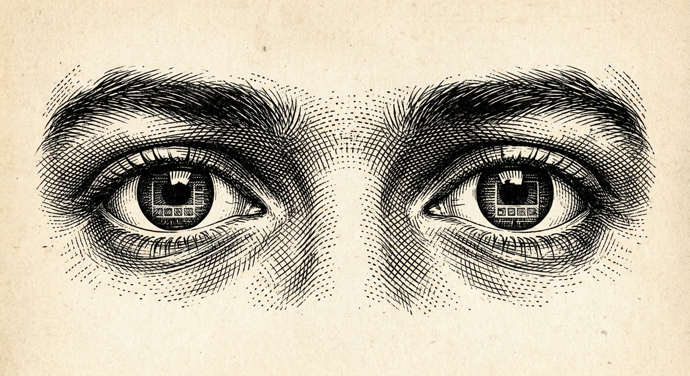 [속보] 화면 주시 시 양안에 '서로 다른 시각 정보' 입력 확인 을 묘사한 19세기 목판화 양식의 흑백 삽화