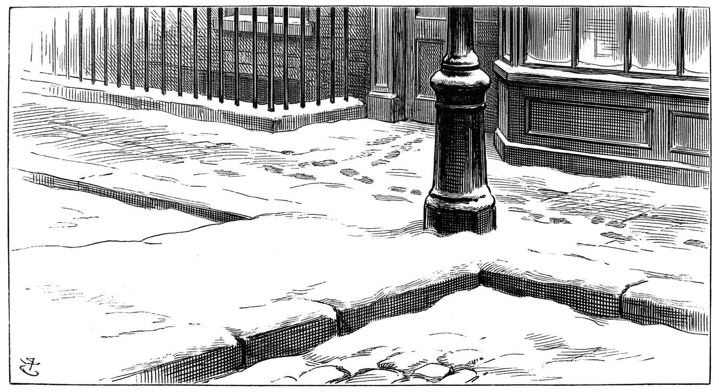 [단독] 기온 하강에 따른 적설로 보도블록 요철 은폐… 행인들 "바닥 안 보여" 을 묘사한 19세기 목판화 양식의 흑백 삽화