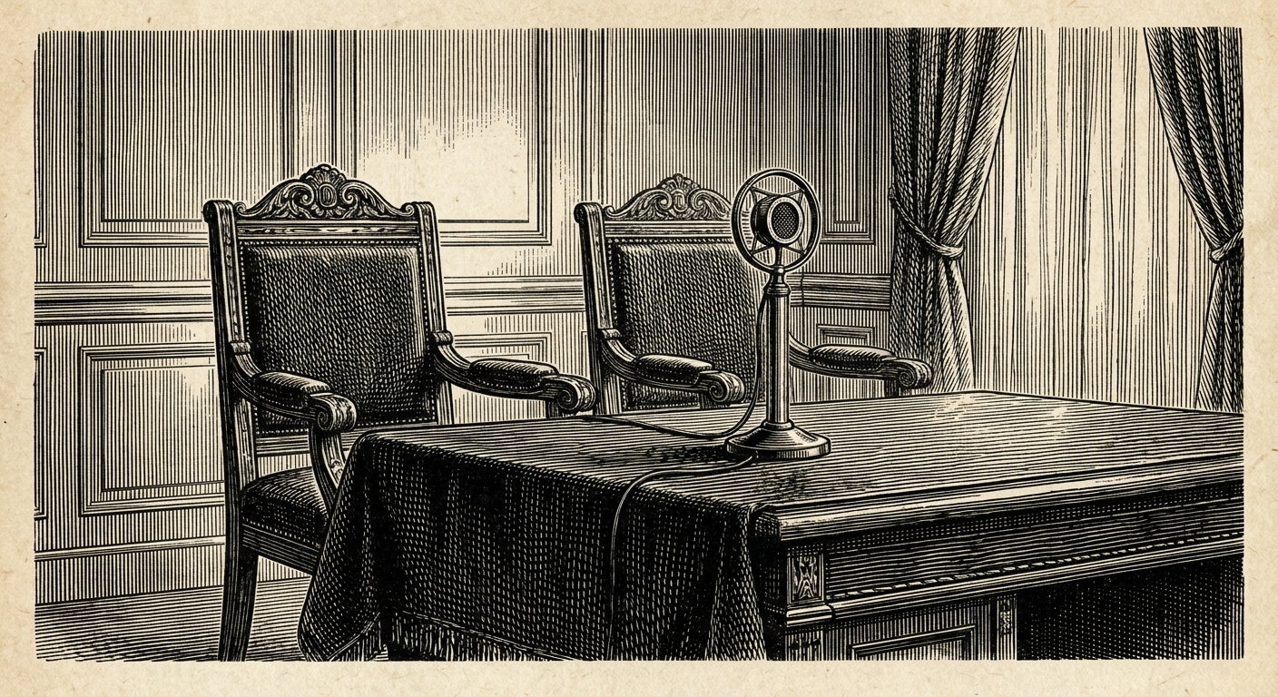 [속보] 양국 관계자들, 협약 위해 착석하자 의자에 '신체 하중' 실려 을 묘사한 19세기 목판화 양식의 흑백 삽화