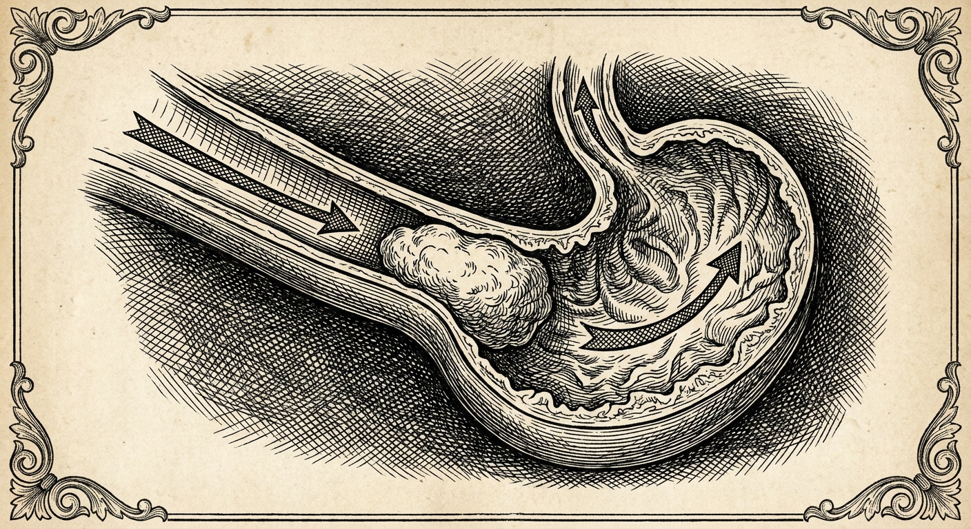 [속보] 섭취된 육류 조각, 식도 거쳐 위장 도착 확인 을 묘사한 19세기 목판화 양식의 흑백 삽화