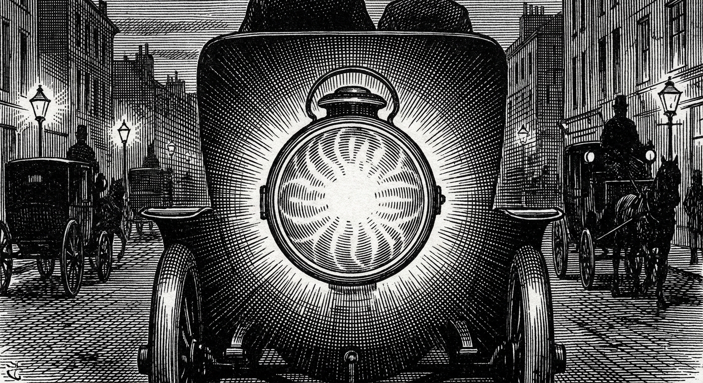 [단독] 적색 신호에 브레이크 밟자… 제동등에 ‘붉은 불’ 즉각 점등 을 묘사한 19세기 목판화 양식의 흑백 삽화