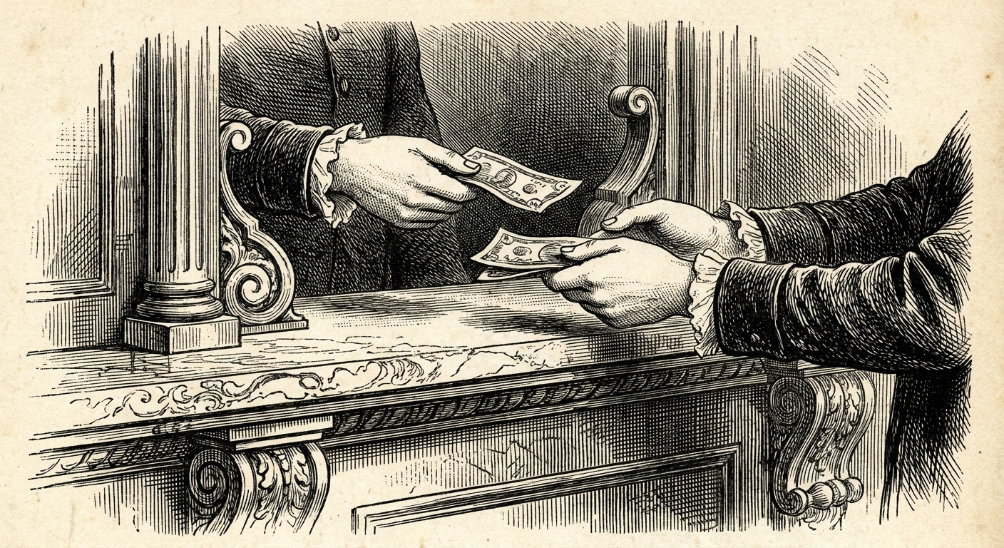 [단독] 시중 은행서 환전 시 화폐 종류 전격 변경되는 것으로 드러나 을 묘사한 19세기 목판화 양식의 흑백 삽화