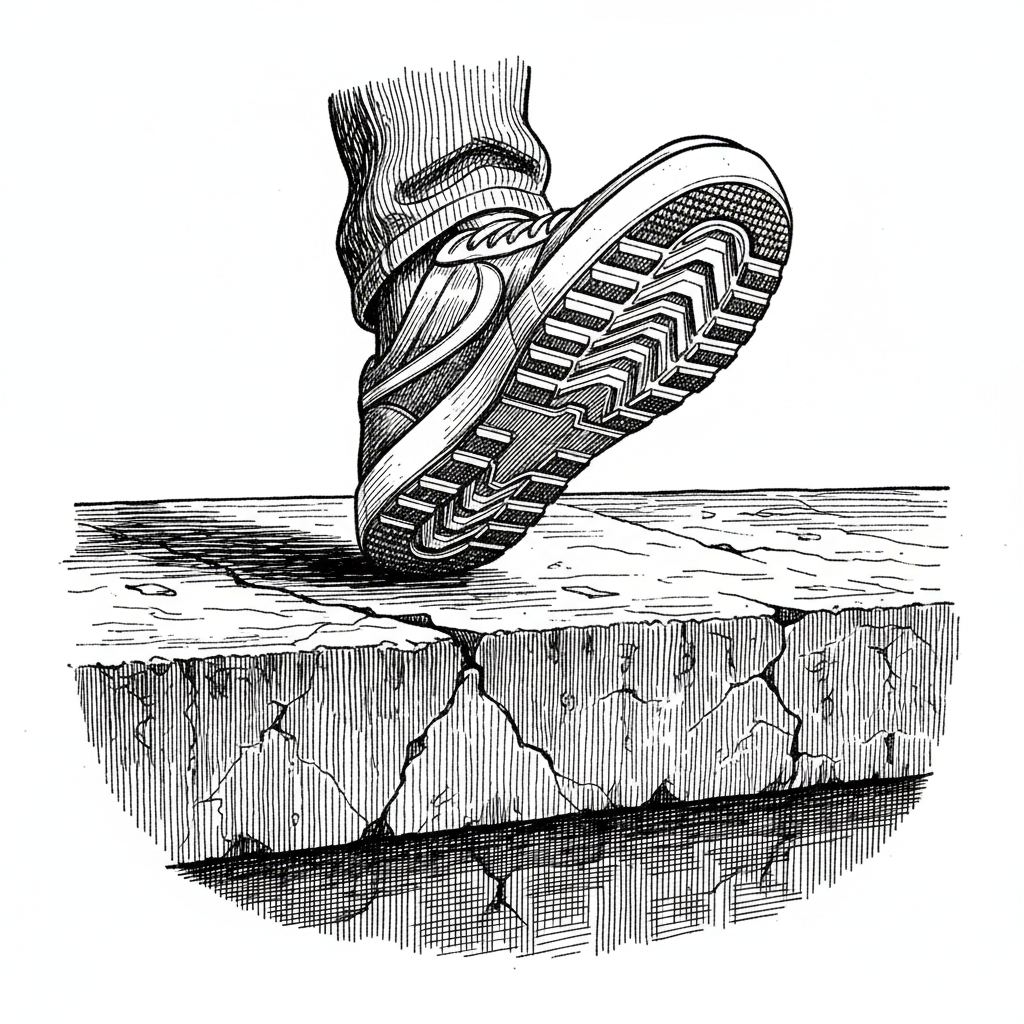 [속보] 교량 위 보행자, 신발 밑창과 지면 간 ‘접촉 및 이격’ 반복 확인 을 묘사한 19세기 목판화 양식의 흑백 삽화