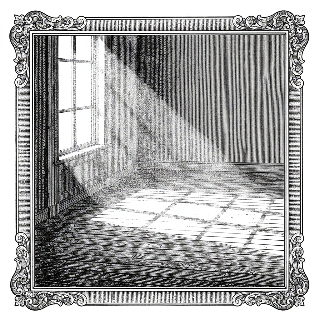 [단독] 실내 쓰레기 배출 시, 점유 부피만큼 ‘빈 공간’ 생겨나 을 묘사한 19세기 목판화 양식의 흑백 삽화