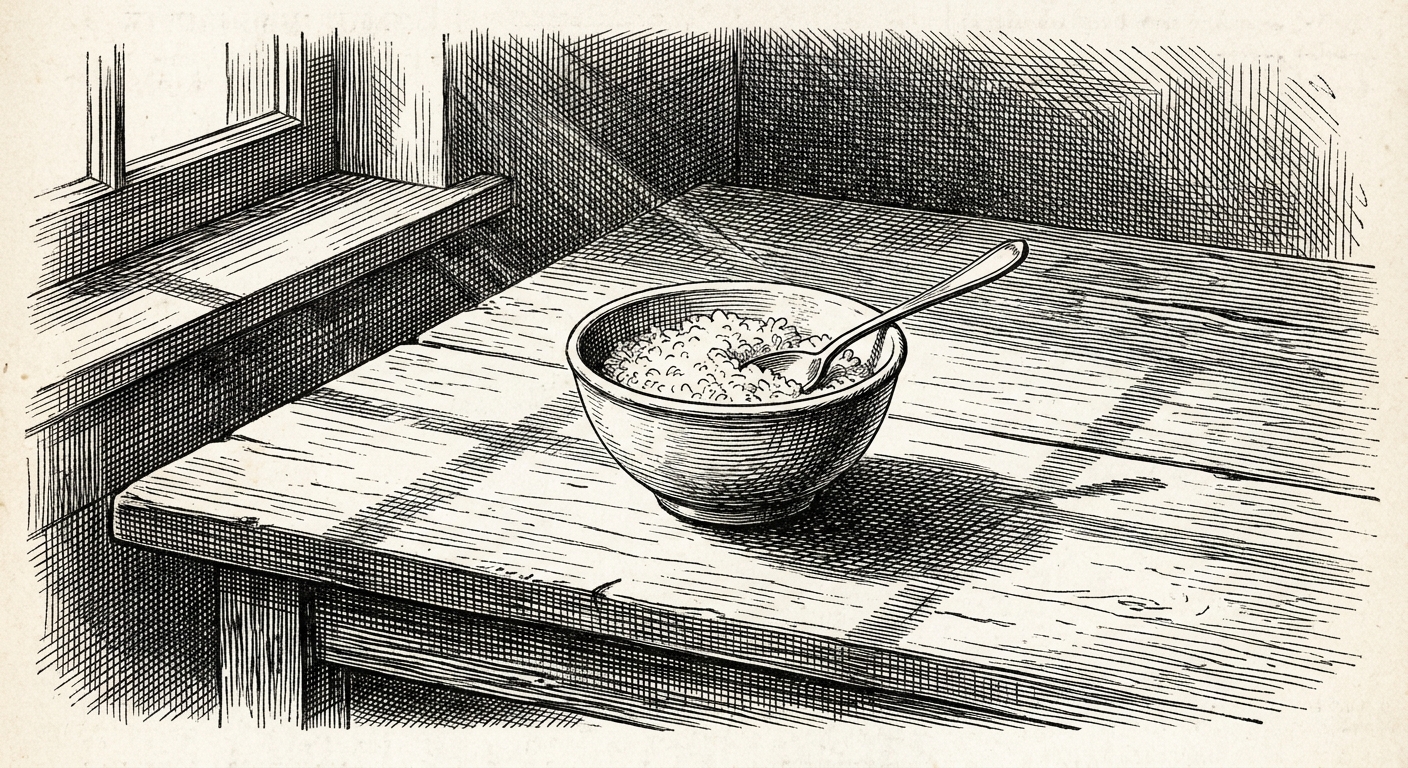 [속보] 시민 김 모 씨, 오늘 오전 '아침 식사' 마쳐… 충격적 공복 해소 을 묘사한 19세기 목판화 양식의 흑백 삽화