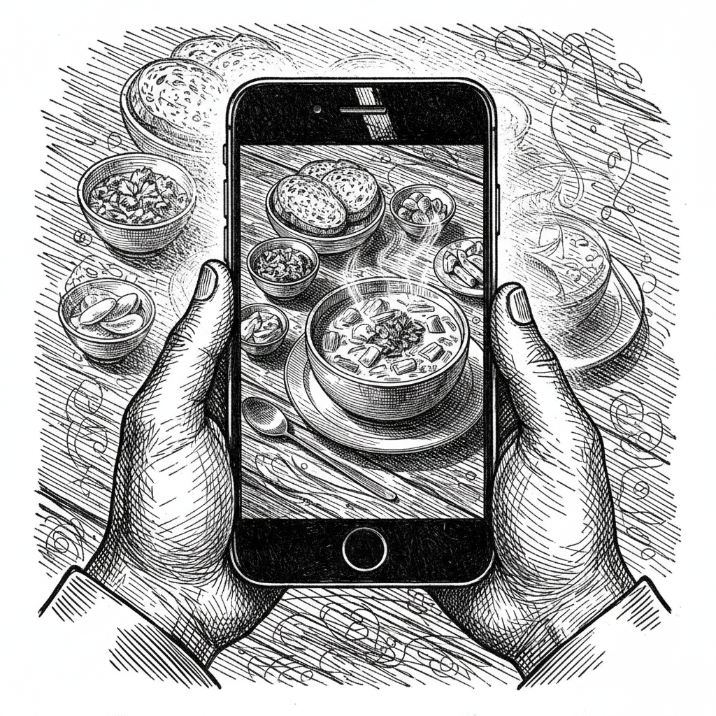 [단독] 한 시민이 촬영한 점심 식사, 디지털 데이터로 저장된 사실 확인 을 묘사한 19세기 목판화 양식의 흑백 삽화