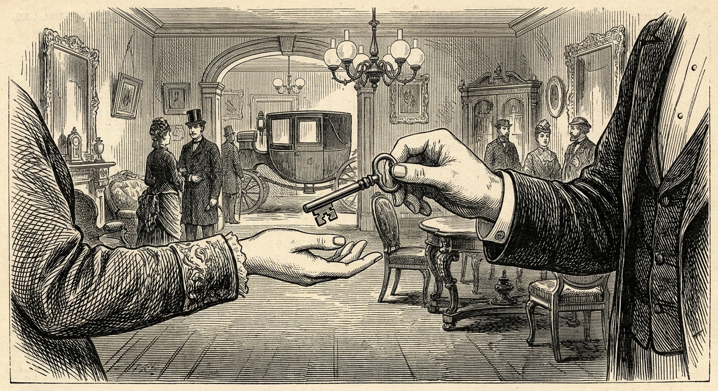 [단독] 차량 구매 절차 마친 소비자, 해당 차량 ‘운행 권리’ 전격 확보 을 묘사한 19세기 목판화 양식의 흑백 삽화