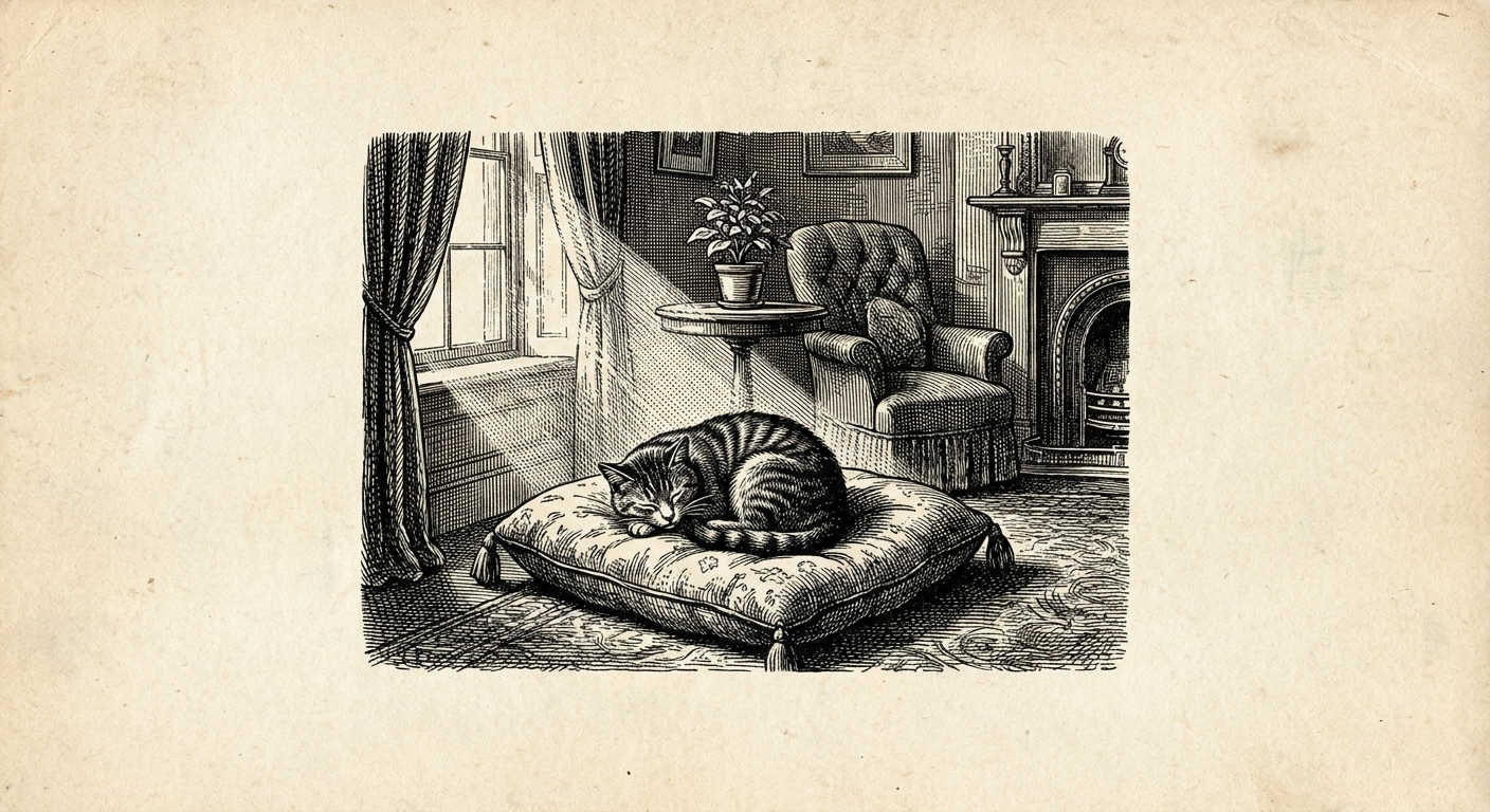 [속보] 고양이 한 마리, 눈 감고 일정 시간 수면 취해 을 묘사한 19세기 목판화 양식의 흑백 삽화