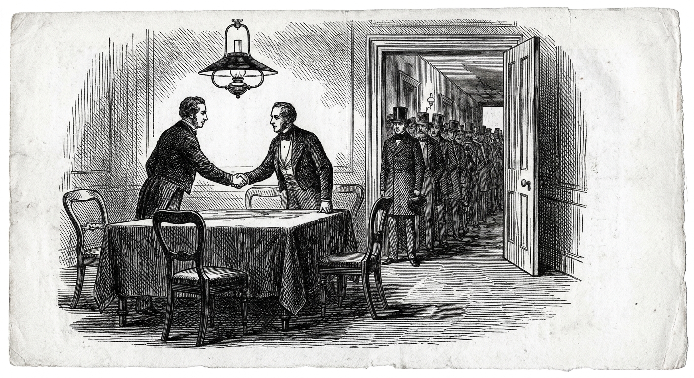 [단독] 우선협상대상자 선정 기업, 타 후보보다 '먼저' 협상 권리 가져 을 묘사한 19세기 목판화 양식의 흑백 삽화