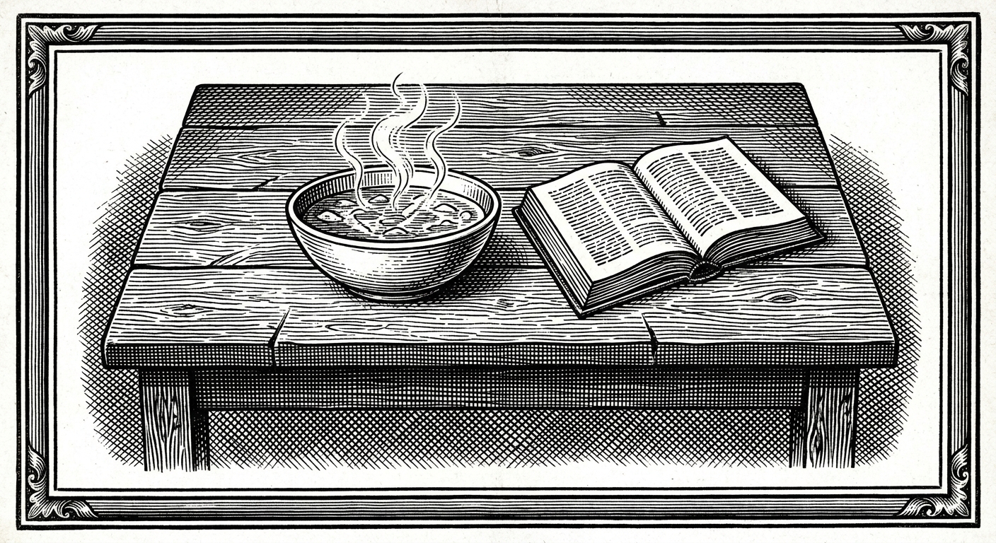 [단독] 음식물 곁에 서적 배치 시 '식사와 독서' 동시 수행 가능해져 을 묘사한 19세기 목판화 양식의 흑백 삽화