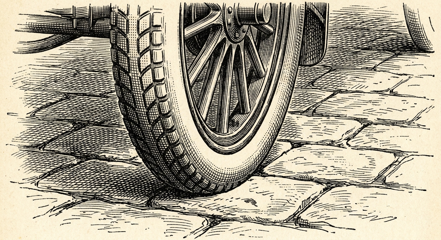 [단독] 운전대 회전 시 앞바퀴 각도 변해… 기계적 연결성 확인 을 묘사한 19세기 목판화 양식의 흑백 삽화