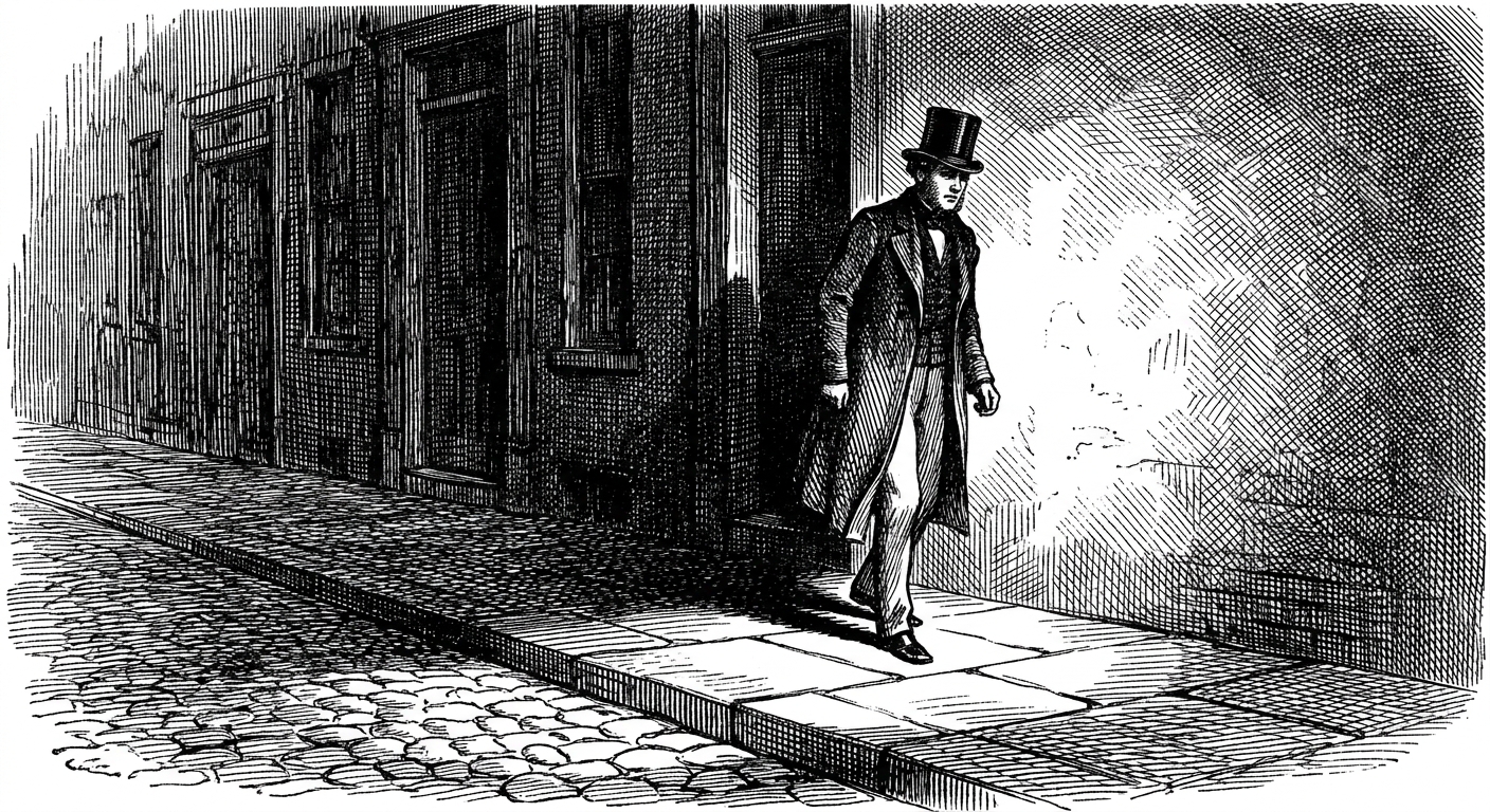 [단독] 햇빛 아래서 건물 그늘로 이동 시 신체 표면 일사량 급감 확인 을 묘사한 19세기 목판화 양식의 흑백 삽화