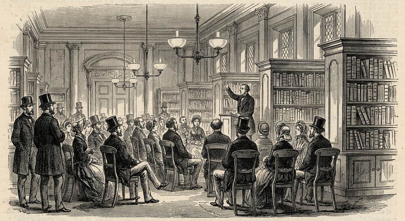 [단독] 도서관 행사서 작가와 독자, 동일 공간에 존재 ‘확인’ 을 묘사한 19세기 목판화 양식의 흑백 삽화