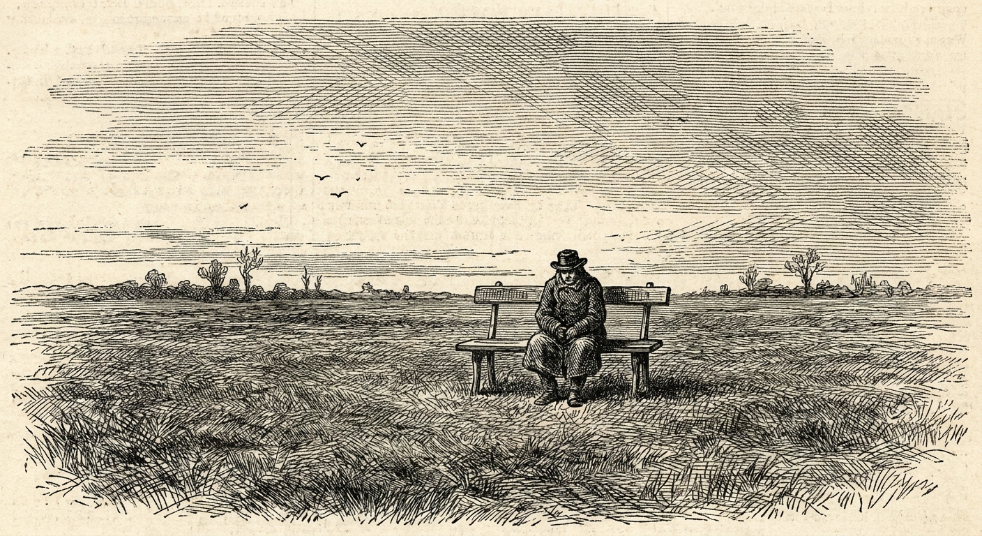 [속보] 타인과 거리 둔 개인, 주변에 인류 존재하지 않는 상태인 것으로 밝혀져 을 묘사한 19세기 목판화 양식의 흑백 삽화