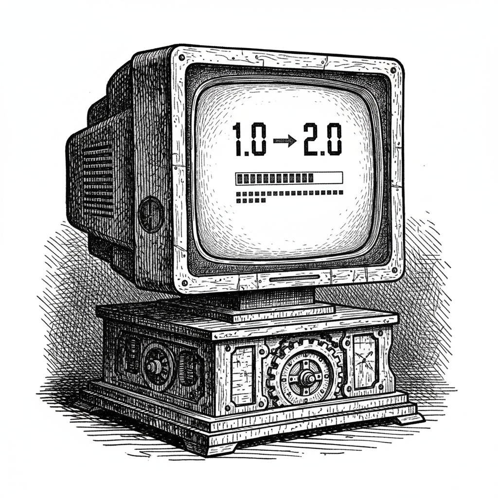 [단독] 소프트웨어 후속 버전 출시… 버전 번호 ‘숫자 커진 것’으로 확인 을 묘사한 19세기 목판화 양식의 흑백 삽화