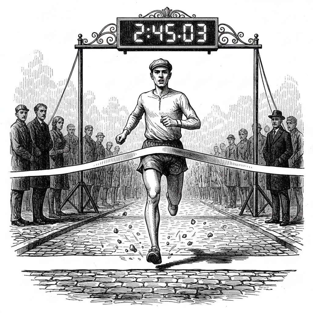 [속보] 마라톤 선수, 주행 속도 높이자 결승선 도착 시간 '단축' 확인 을 묘사한 19세기 목판화 양식의 흑백 삽화