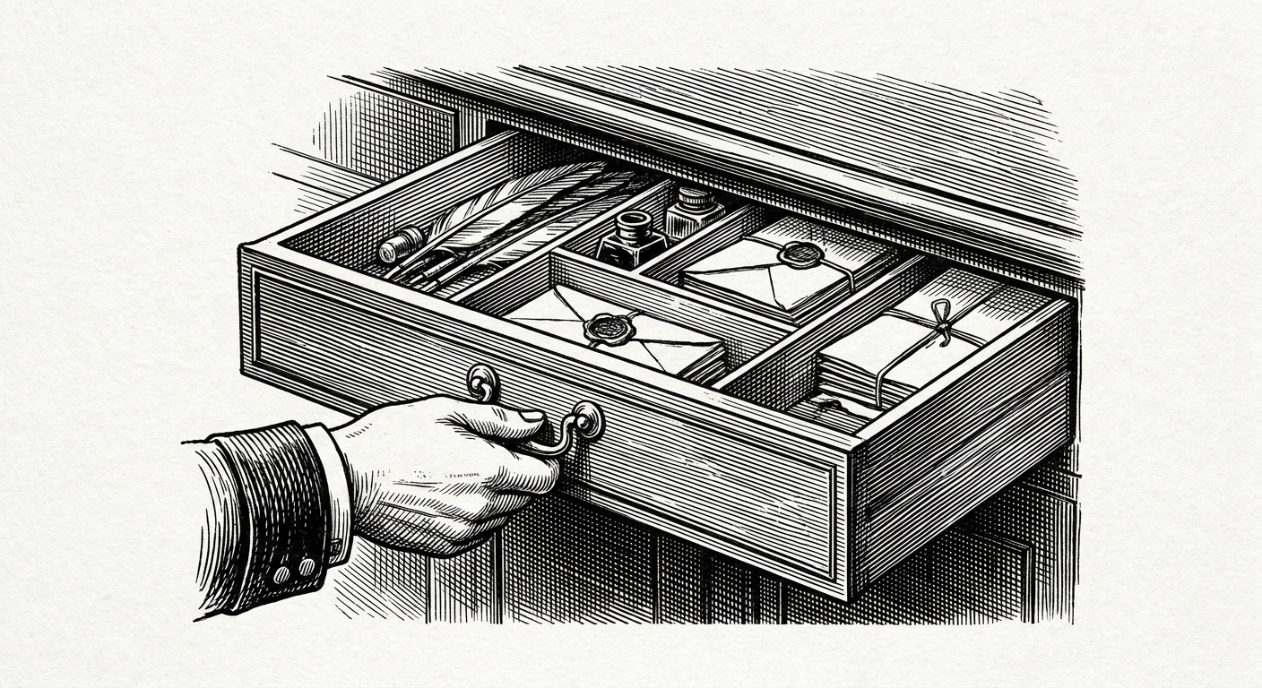 속보: 닫혔던 서랍, 손으로 당기자 내부 공간 전격 공개 을 묘사한 19세기 목판화 양식의 흑백 삽화