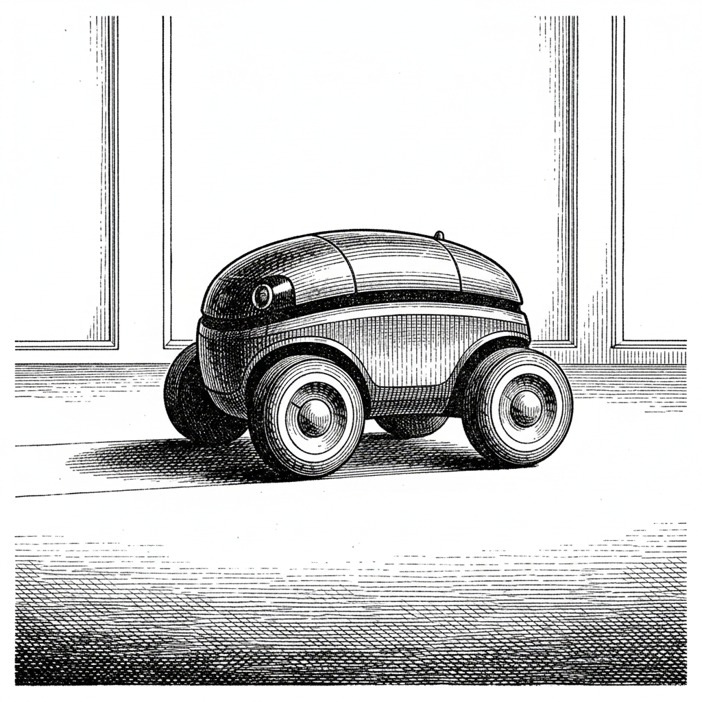 [속보] 이동 로봇, 바퀴 회전하자 '실제 이동' 확인… 출발지 이탈 현상 발생 을 묘사한 19세기 목판화 양식의 흑백 삽화