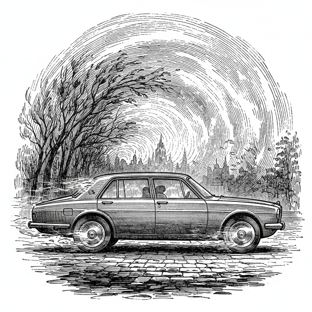 [속보] 정지 차량, 가속 페달 밟자 '전진'… 지면과 상대적 위치 변화 확인 을 묘사한 19세기 목판화 양식의 흑백 삽화