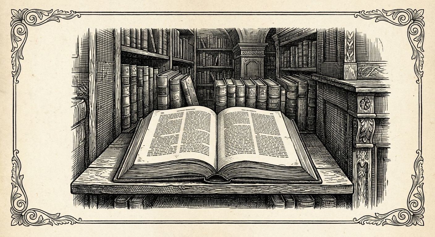 [속보] 시내 서점 진열 도서 내부, '종이'와 '글자'로 가득 차 있어 충격 을 묘사한 19세기 목판화 양식의 흑백 삽화