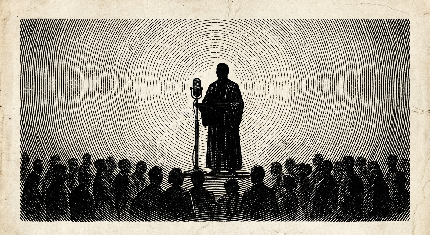 [속보] 한 정치인의 발언, '공기' 타고 주변 시민들에게 전달돼 을 묘사한 19세기 목판화 양식의 흑백 삽화