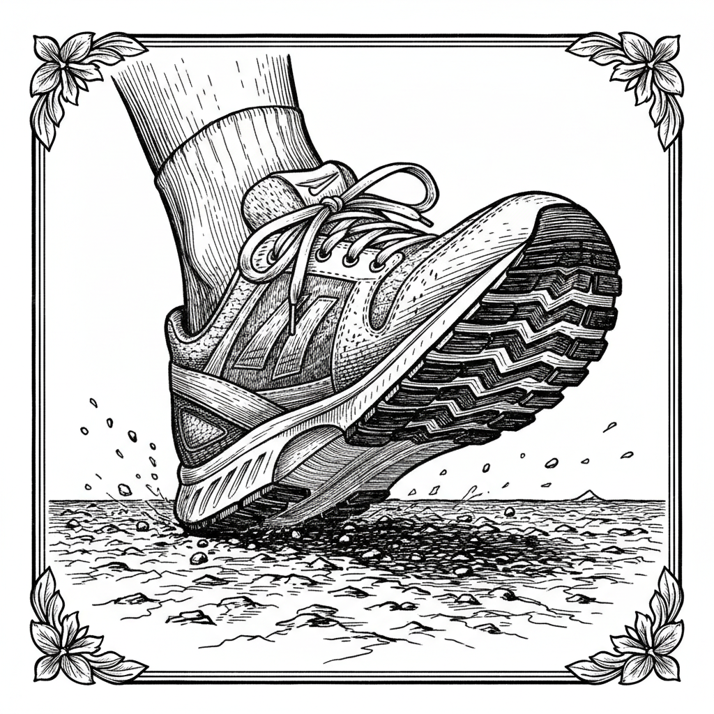 [단독] 운동화 착용 시 발바닥과 지면 사이 ‘물리적 간격’ 발생하는 것으로 드러나 을 묘사한 19세기 목판화 양식의 흑백 삽화