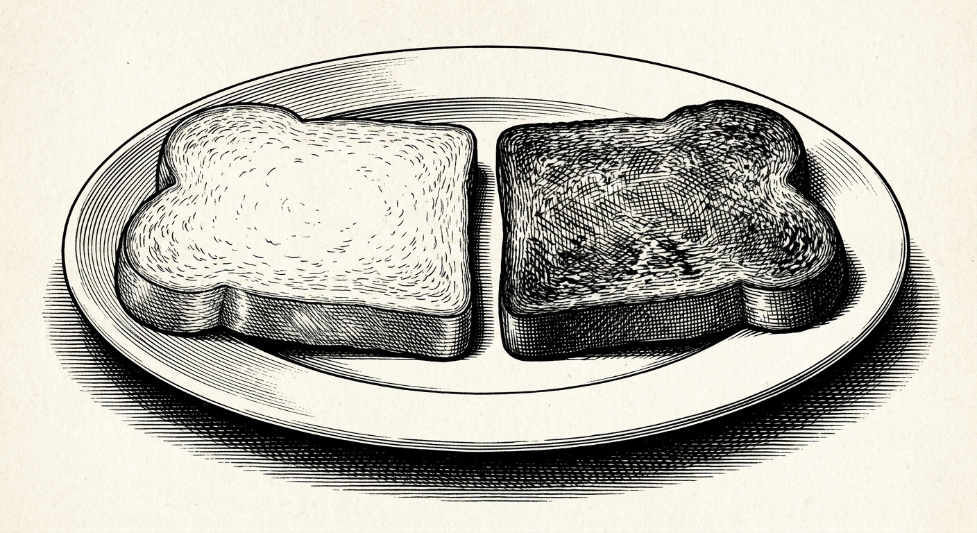 [단독] 가열된 토스트, 조리 전 식빵보다 '더 단단'… 물성 변화 확인 을 묘사한 19세기 목판화 양식의 흑백 삽화