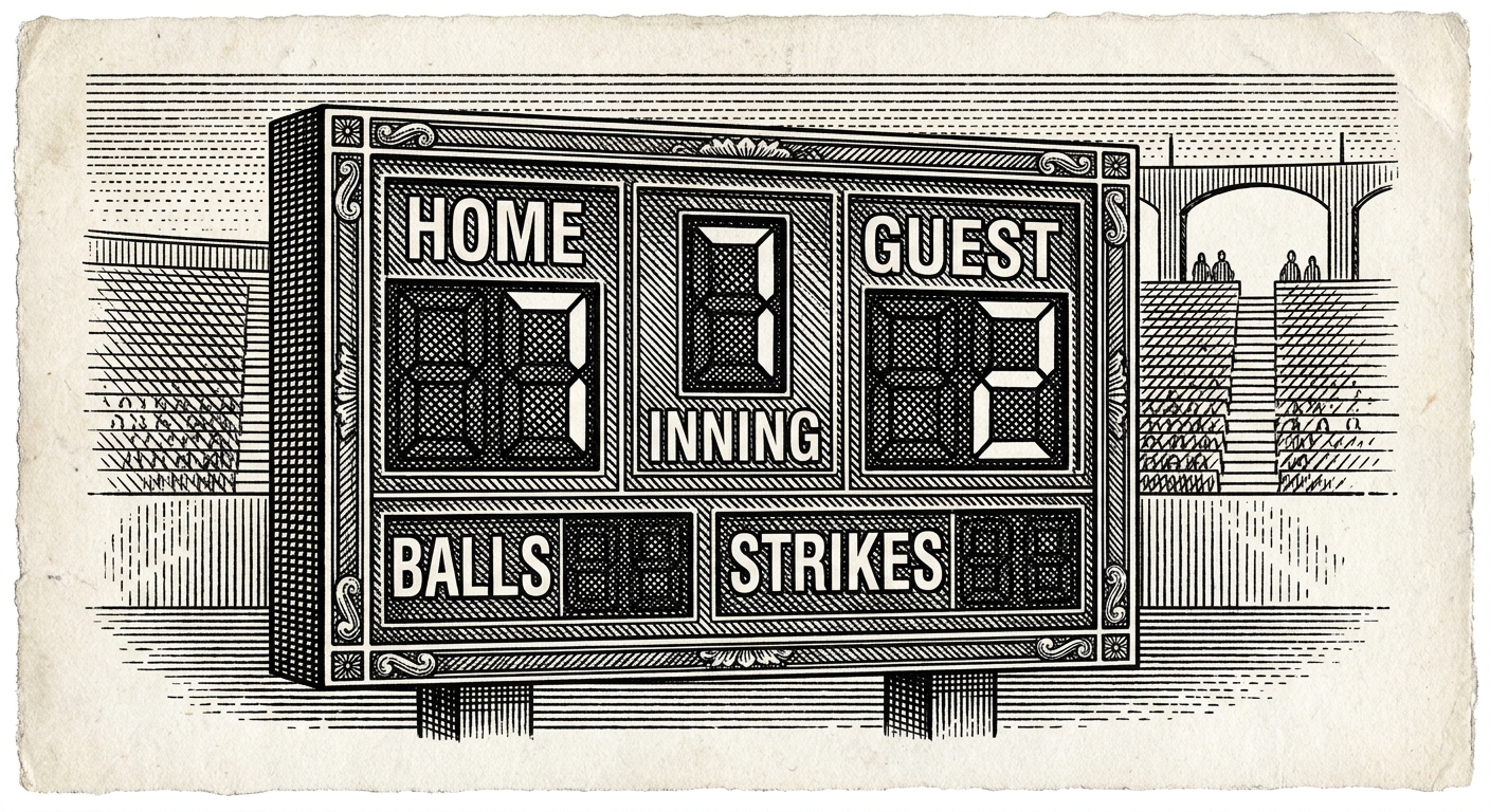 [속보] 야구 경기서 더 많은 득점 올린 팀, 결국 승리 확정 을 묘사한 19세기 목판화 양식의 흑백 삽화