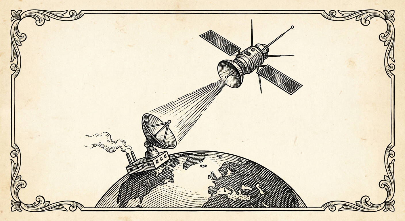 [속보] 위성 통신 정보, 대기권 밖 거쳐 지상으로 다시 돌아오는 것으로 밝혀져 을 묘사한 19세기 목판화 양식의 흑백 삽화